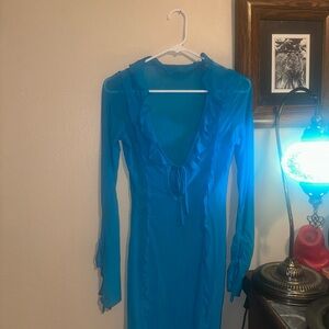 Finesse Blue Maxi Bell Sleeve mesh Dress